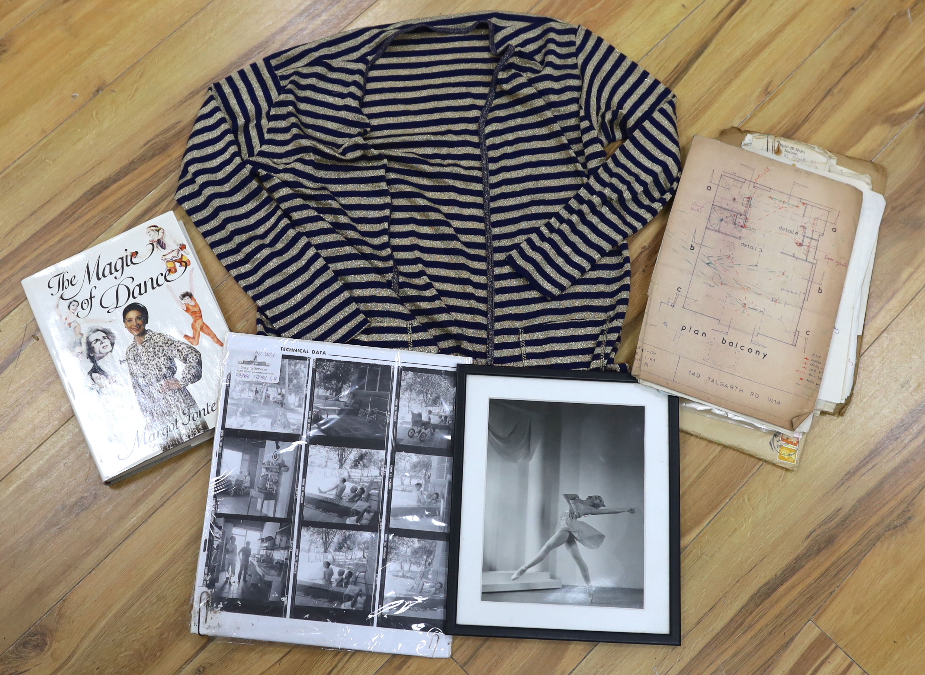 Fonteyn, Dame Margot (1919-1991) - The Magic of Dance, with the author’s signed presentation inscription, 4to, cloth, with unclipped d/j, BBC, London, 1980; a navy and gold lurex finely knitted evening jacket, as gifted